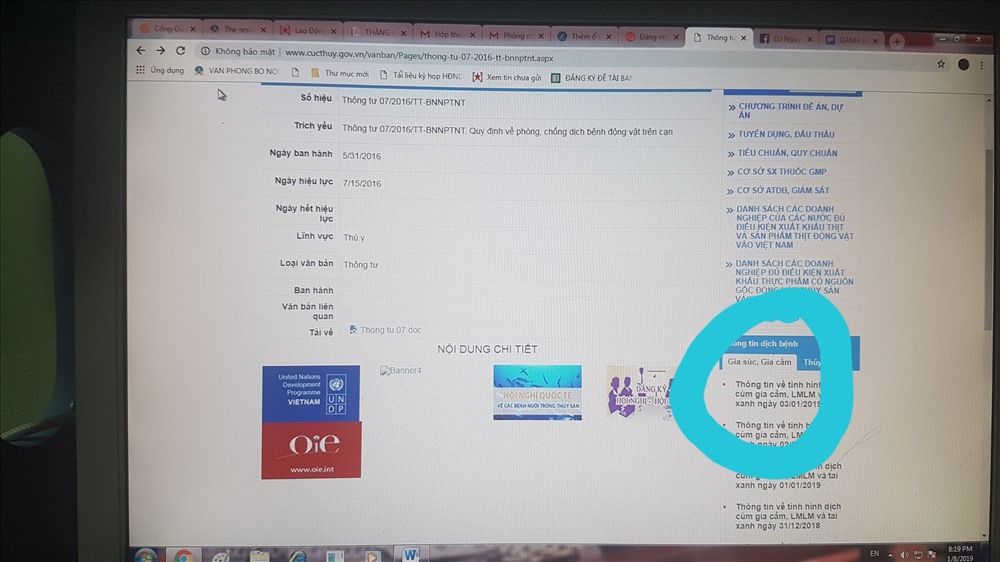 Tối 8.1.2019, thông tin về dịch bệnh lại được Cục Thú y tiếp tục đưa lên trang web nội bộ. Ảnh: Kh.V