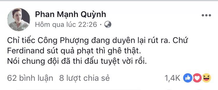 Phan Mạnh Quỳnh cho rằng các cầu thủ đã thi đấu tuyệt vời.