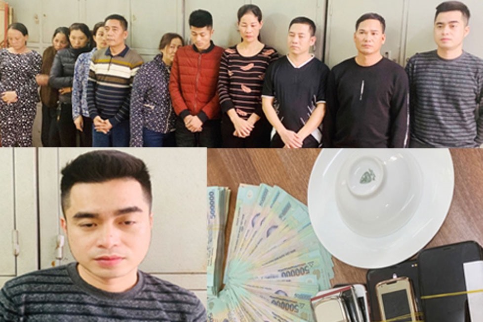 Các đối tượng cùng tang vật trong sới bạc do Nguyễn Minh Tuấn cầm đầu. Ảnh: CATH