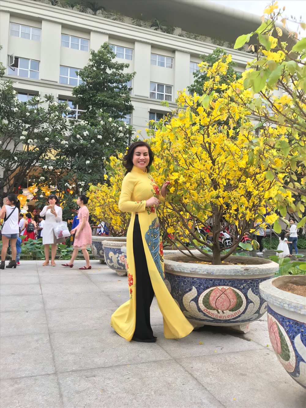 Hoa hậu Kim Hồng thướt tha bên tà áo dài.