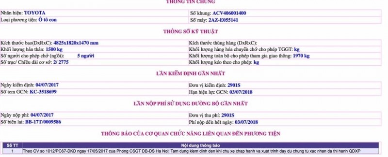 Thông tin hiển thị sau khi chủ phương tiện đã điền đầy đủ thông tin. Ảnh minh họa