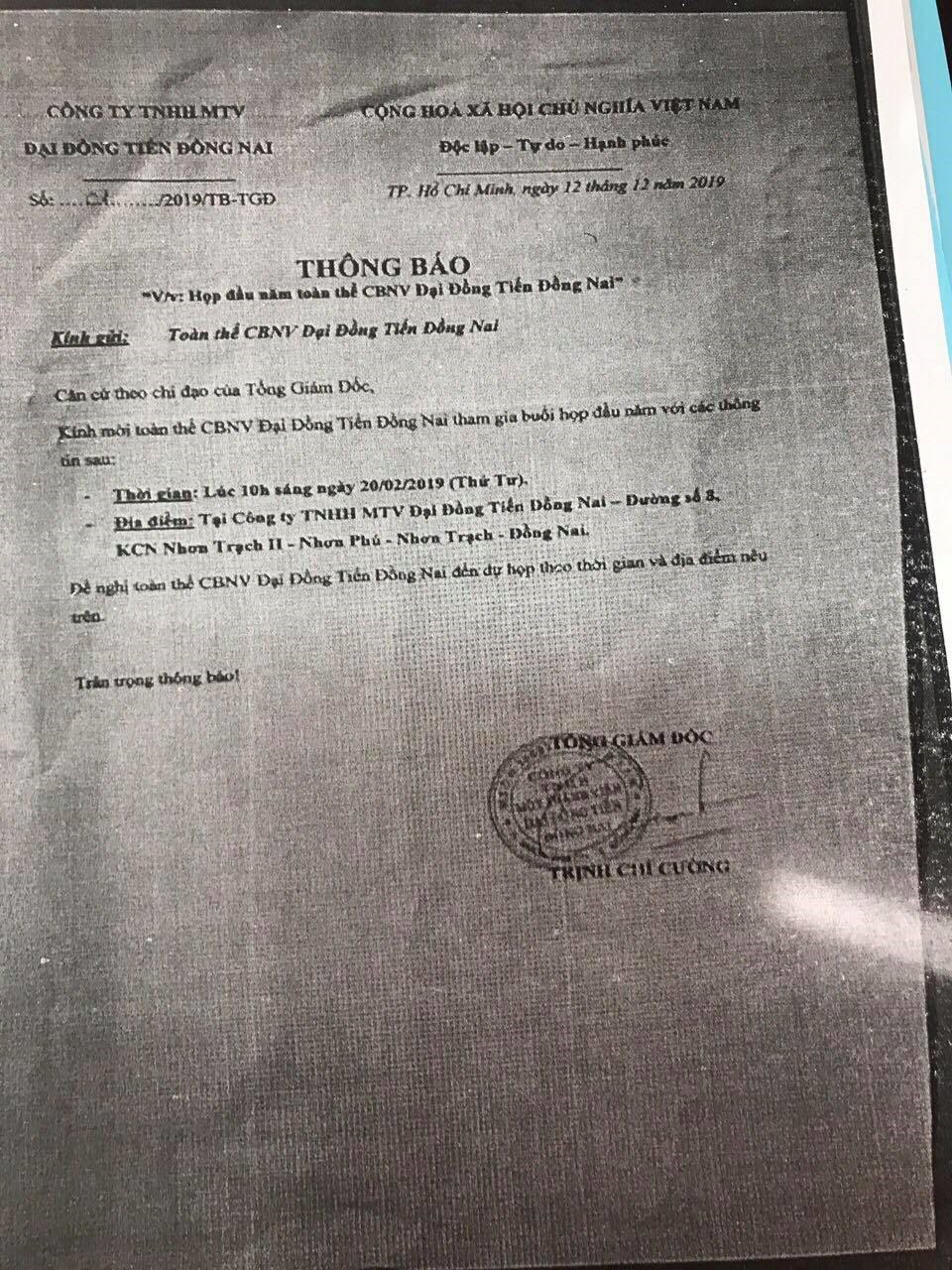 Thông báo họp mặt vào ngày 20.2 của Cty