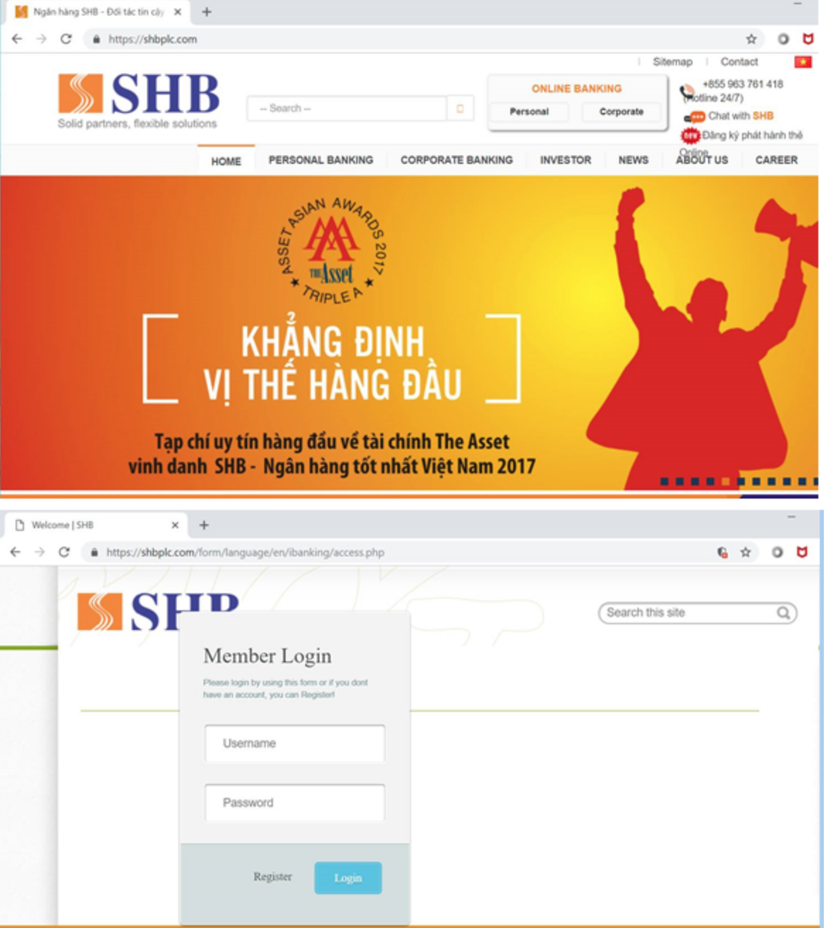 Giao diện website giả mạo sử dụng các hình ảnh của SHB nhằm đánh lừa nạn nhân.