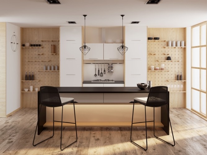 Tủ bếp được có thiết kế liền khối, nhiều giá để vật dụng giống như một quầy bar.   