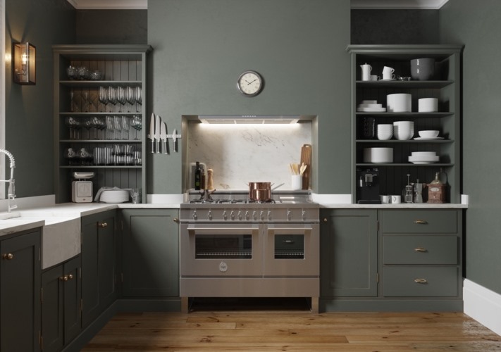 Màu xanh ô liu là gam màu chủ đạo trong không gian nhà bếp, trông khá ấm cúng và cổ điển.   