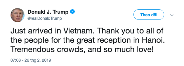 Tổng thống Donald Trump cảm ơn sự đón tiếp nhiệt tình khi tới Hà Nội.