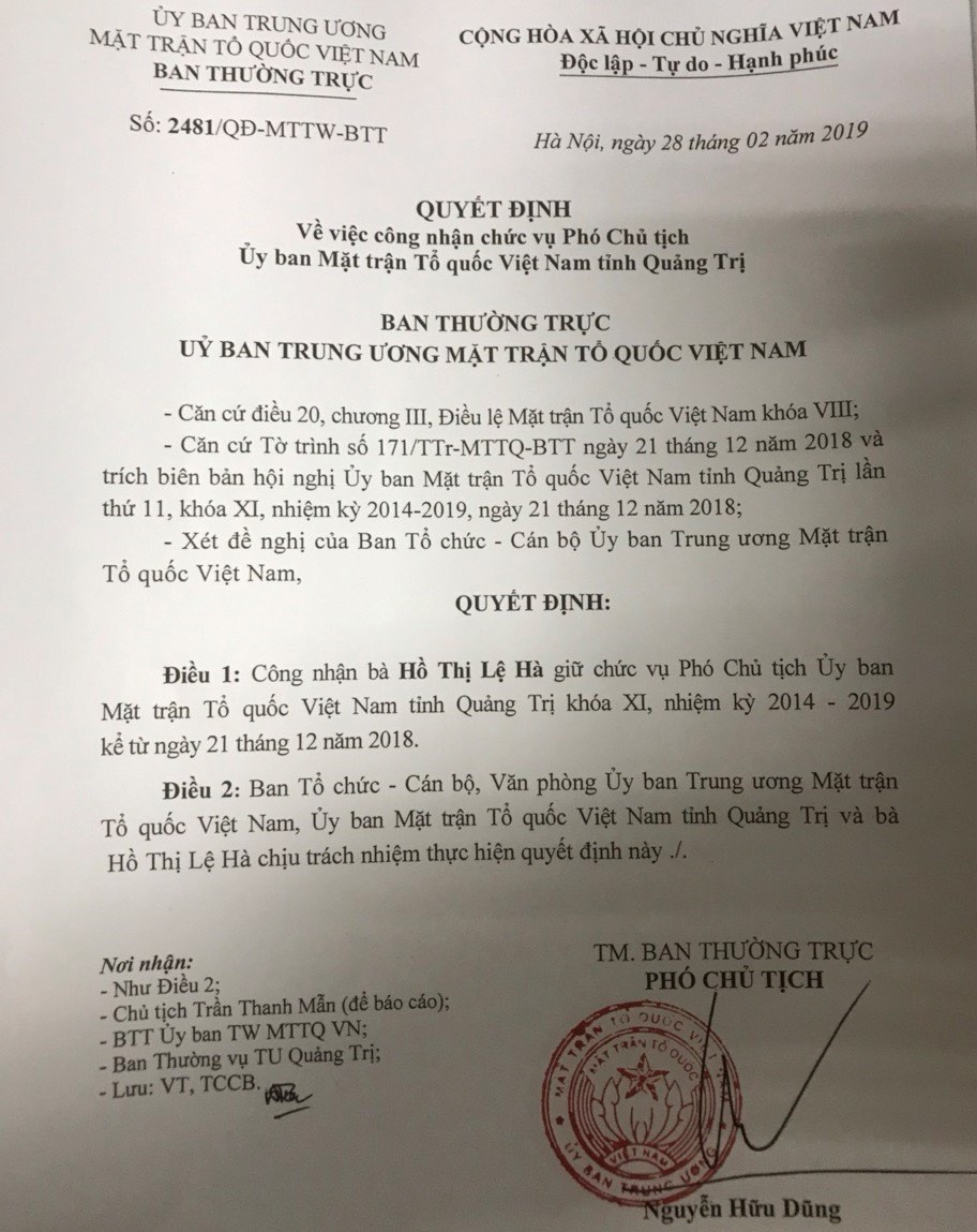 Bà Hồ Thị Lệ Hà được giữ chức Phó Chủ tịch UBMTTQVN tỉnh Quảng Trị từ ngày 21/12/2018. Ảnh: P.V