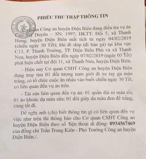 Cơ quan công an phát đi thông báo, phiếu thu thập thông tin để truy tìm kẻ thủ ác.