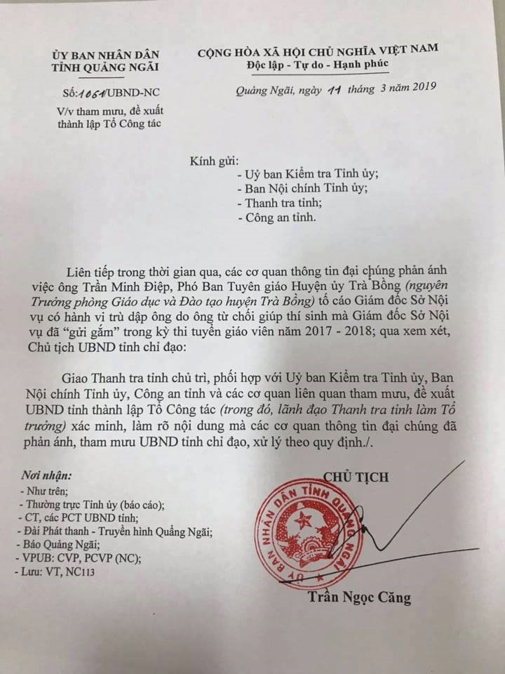 Công văn của Chủ tịch UBND tỉnh Quảng Ngãi Trần Ngọc Căng chỉ đạo điều tra xác minh.