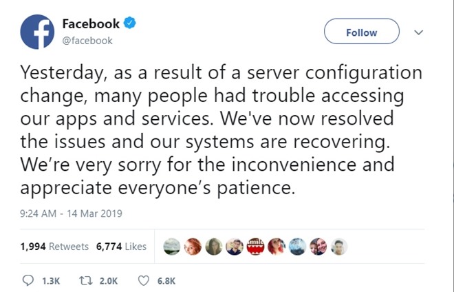 Facebook “hé lộ” nguyên nhân hệ thống bị tê liệt.