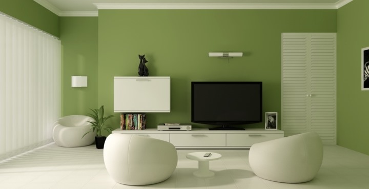 Tường nổi bật khi được sơn màu xanh lá cây, các vật dụng màu trắng và đen đã góp phần tô điểm cho phòng khách trở nên sang trọng hơn.   