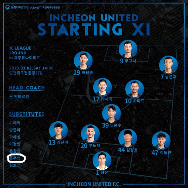 Tên của Công Phượng (khoanh trắng) trong danh sách đăng ký thi đấu của Incheon United (Ảnh: Incheon United)