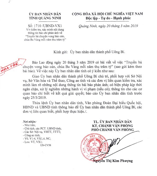 Công văn hoả tốc của UBND tỉnh Quảng Ninh