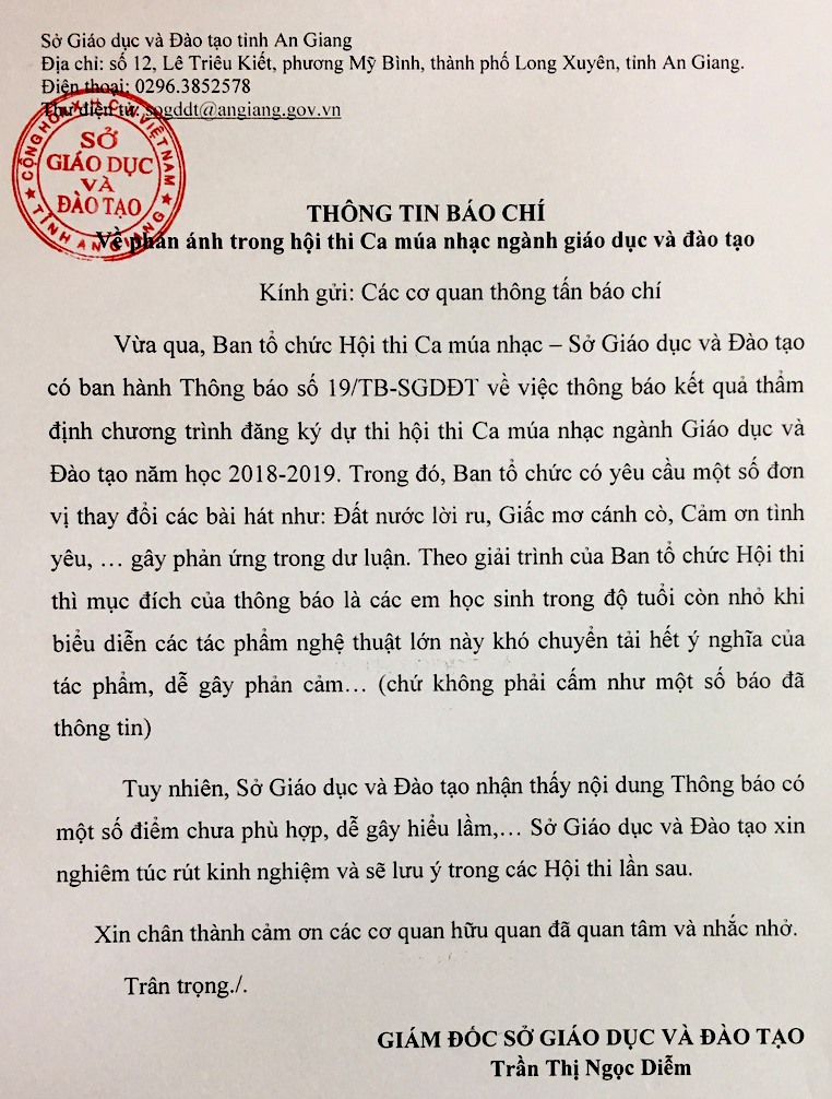 Thông báo nhìn nhận thiếu sót của GĐ Sở GD ĐT An Giang. Ảnh: Lục Tùng