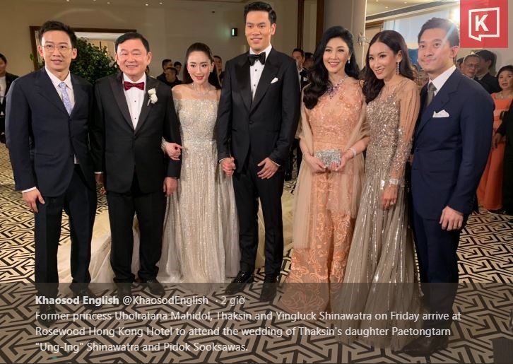 Công chúa Thái Lan Ubolratana Mahidol, ông Thaksin Shinawatra và bà Yingluck Shinawatra có mặt trong đám cưới ở Hong Kong tối 22.3. Ảnh: SCMP, Khaosod.