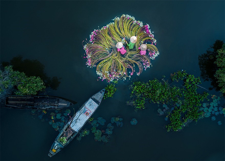 Cuộc thi SkyPixel gọi tên tác phẩm “Flowers On The Water” (Những bông hoa trên mặt nước) của nhiếp ảnh gia Khánh Phan, giành giải Nhất hạng mục “Ảnh Drone vui tươi“.