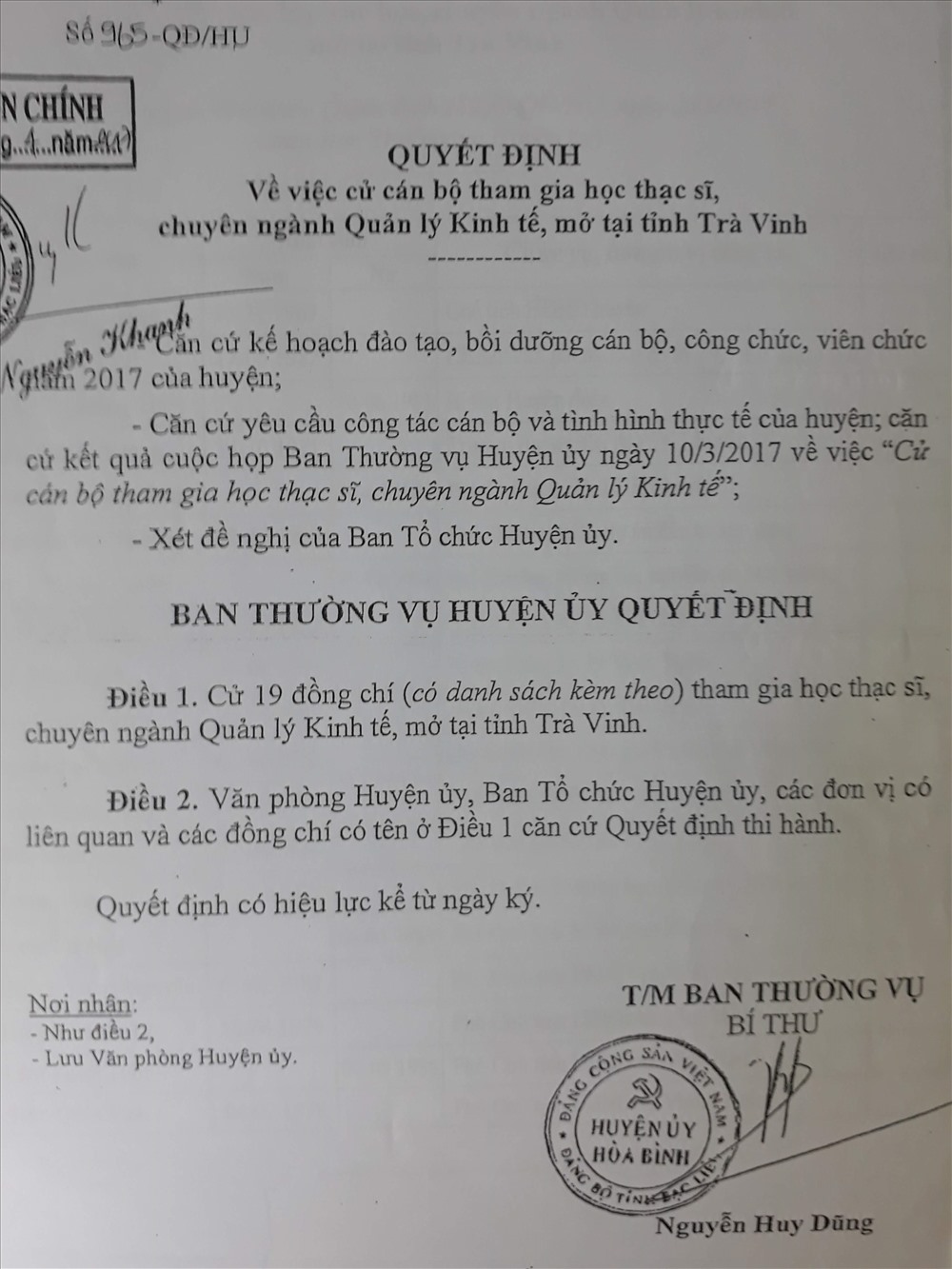 Quyết định của Ban thường vụ Huyện ủy Hòa Bình cử cán bộ đi học Thạc sĩ tại Trà Vinh không đúng quy định. ảnh N.H