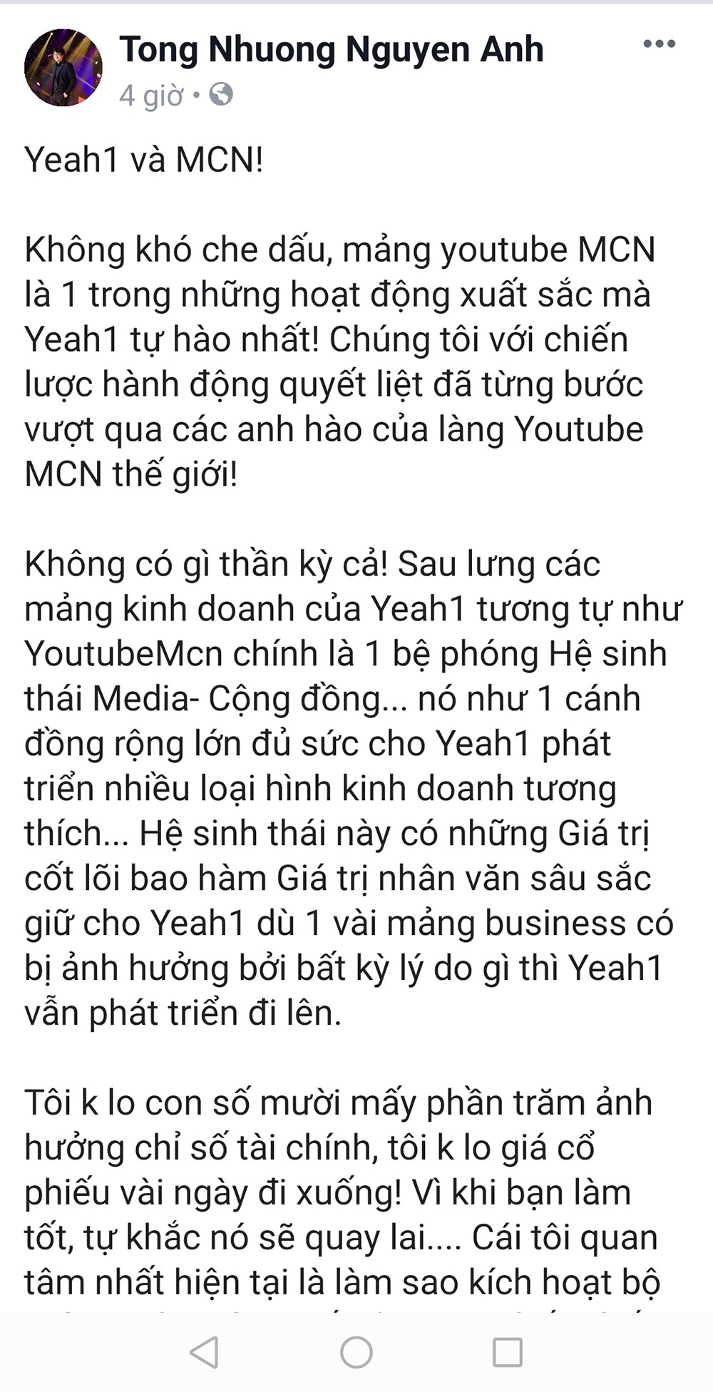 Chủ tịch Yeah1 cho rằng không lo giá cổ phiếu xuống trong vài ngày.