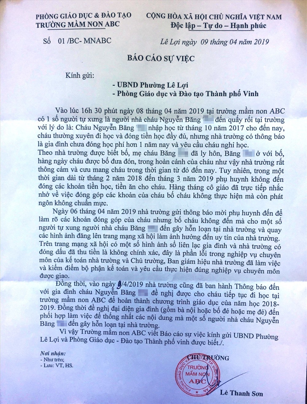 Báo cáo của Trường Mầm non ABC về vụ việc