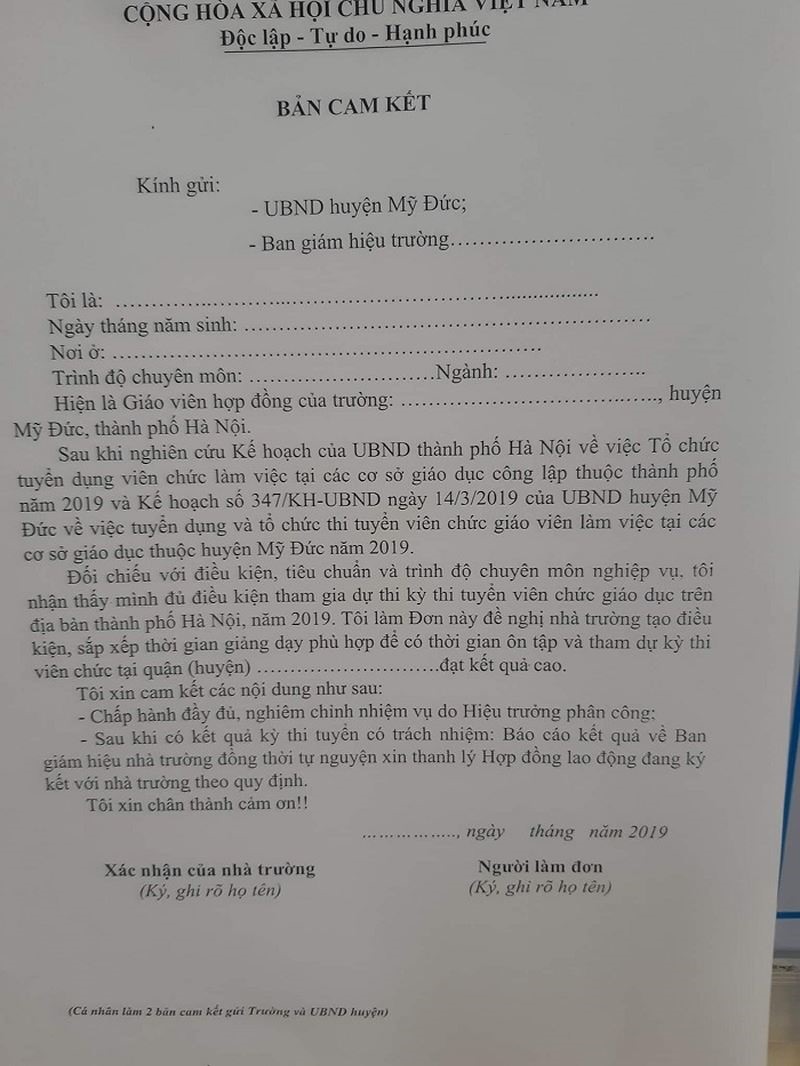 Bản cam kết do phòng Nội vụ huyện Mỹ Đức soạn thảo và gửi cho các trường.