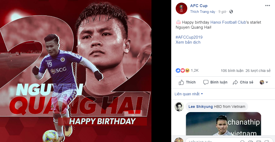 Quang Hải nhận được lời chúc từ trang AFC Cup.