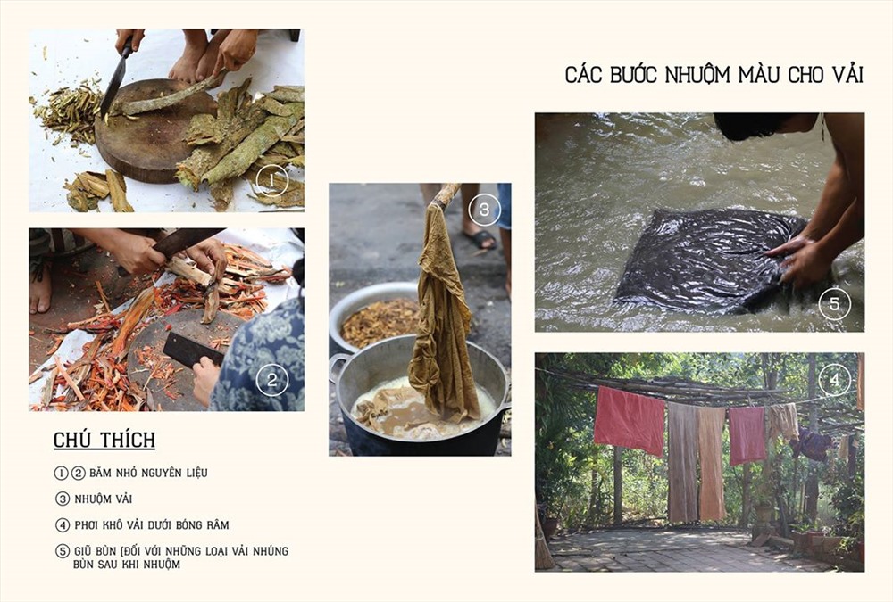 Hai loại cây lá được ưa dùng trong nhuộm màu truyền thống và khá bền màu là Củ nâu và Cây chàm. Nhuộm chàm truyền thống sử dụng kỹ thuật nhuộm lạnh, nhuộm củ nâu thì dùng phương pháp nhuộm nóng. Ảnh: Bảo Trang