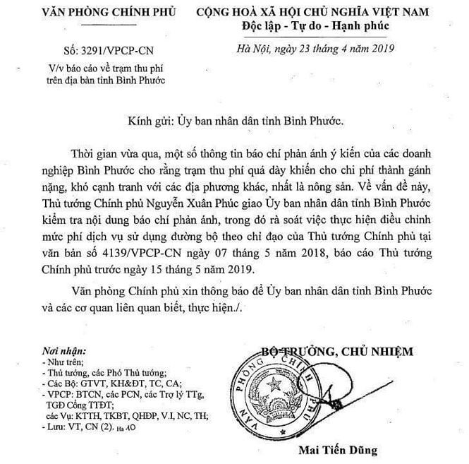 Văn bản chỉ đạo của Thủ tướng Chính phủ về BOT Bình Phước. Ảnh: Đ.A