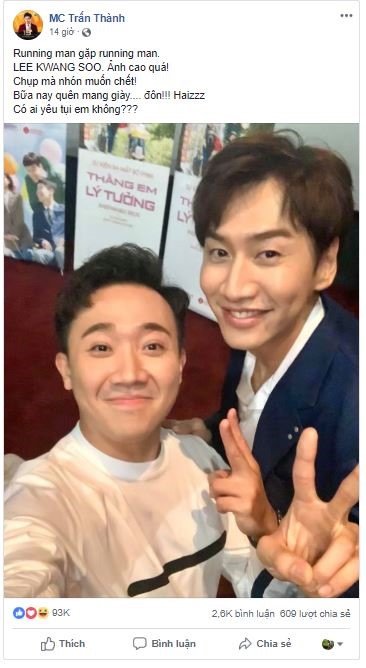 Bài viết của Trấn Thành trên fanpage thu hút nhiều fan.