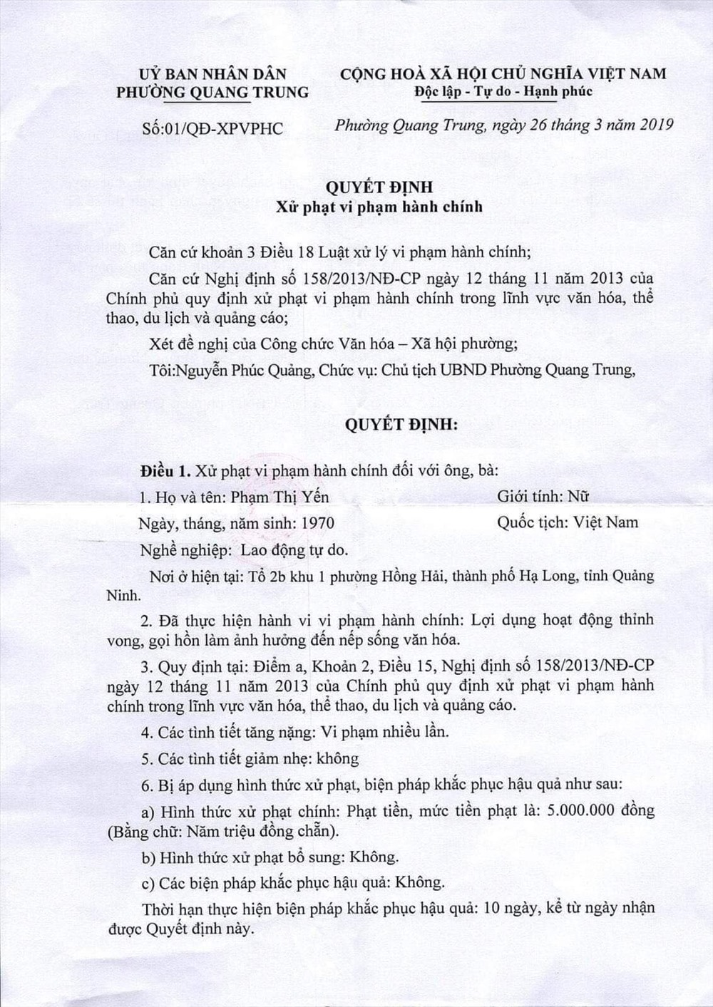 Quyết định xử phạt hành chính của Chủ tịch UBND phường Quang Trung đối với bà Yến.