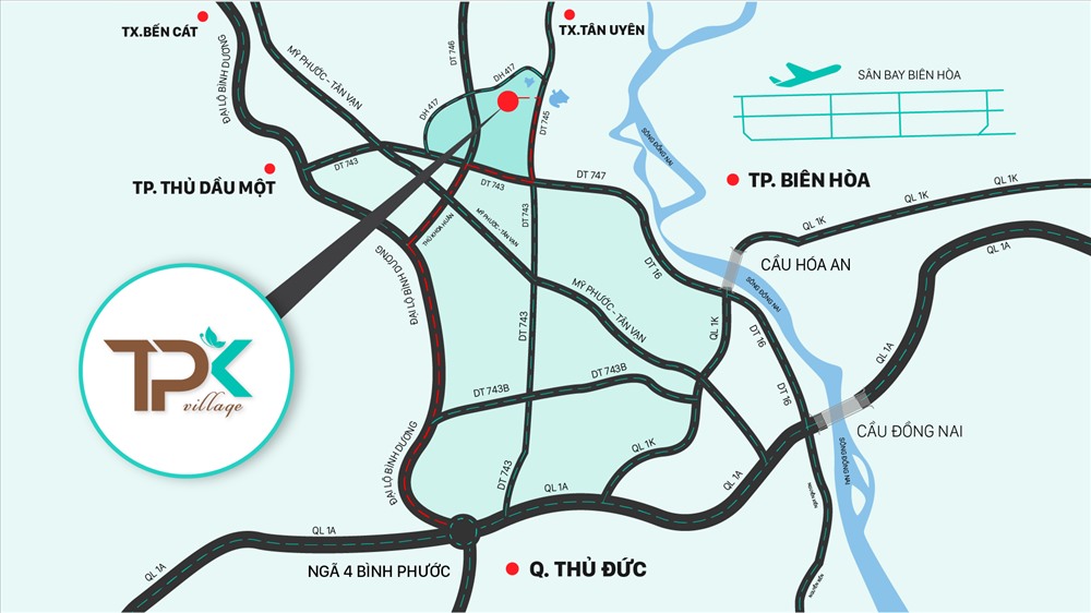 Tân Phước Khánh cách TP.Thủ Dầu Một chỉ 15 phút, cách TP.HCM 35 phút và liền kề các trục đường huyết mạch DT745, DT743, DT746, Đại lộ Bình Dương…