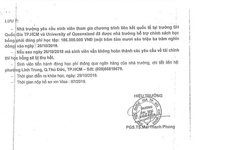 Văn bản giả mạo chữ ký Hiệu trưởng Mai Thanh Phong và con dấu của Đại học Bách khoa TP HCM. Ảnh: Đại học Bách khoa TP HCM. Văn bản giả mạo chữ ký Hiệu trưởng Mai Thanh Phong và con dấu của Đại học Bách khoa TP HCM. Ảnh: Đại học Bách khoa TP HCM.