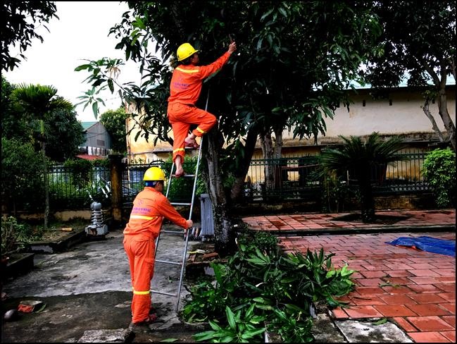 C&ocirc;ng nh&acirc;n ng&agrave;nh điện lực khẩn trương khắc phục hậu quả b&atilde;o, lũ, đảm bảo điện phục vụ người d&acirc;n. Ảnh: Mai Phương