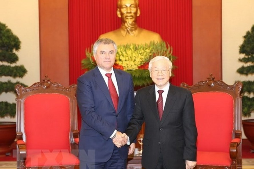 Tổng Bí thư, Chủ tịch Nước Nguyễn Phú Trọng tiếp Chủ tịch Duma Quốc gia Nga Vyacheslav Viktorovich Volodin. Ảnh: TTXVN.