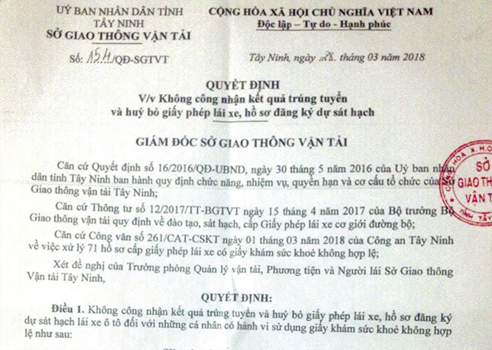 Quyết định hủy kết quả trúng tuyển đối với các học viên dù họ đã trúng tuyển của Sở Giao thông Vận tải Tây Ninh. Quyết định hủy kết quả trúng tuyển đối với các học viên dù họ đã trúng tuyển của Sở Giao thông Vận tải Tây Ninh.