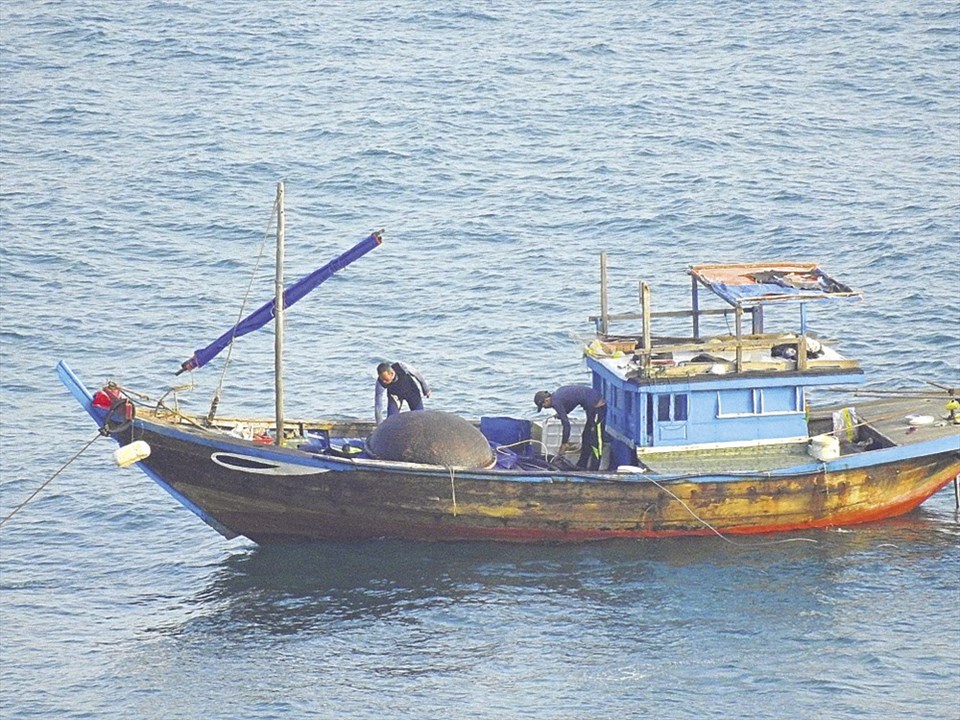 Tàu cá không số hiệu đánh bắt cá bằng thuốc nổ tại Sơn Trà. Ảnh: LPC Tàu cá không số hiệu đánh bắt cá bằng thuốc nổ tại Sơn Trà. Ảnh: LPC