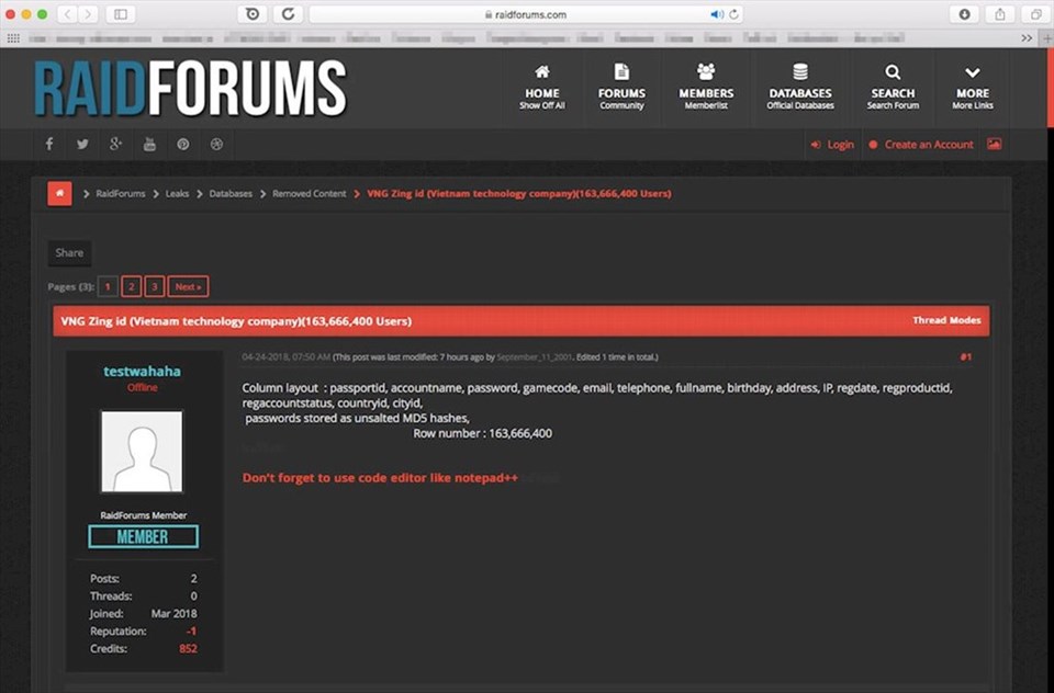 Thông tin được chia sẻ trên trang diễn đàn Raid Forums. Thông tin được chia sẻ trên trang diễn đàn Raid Forums.
