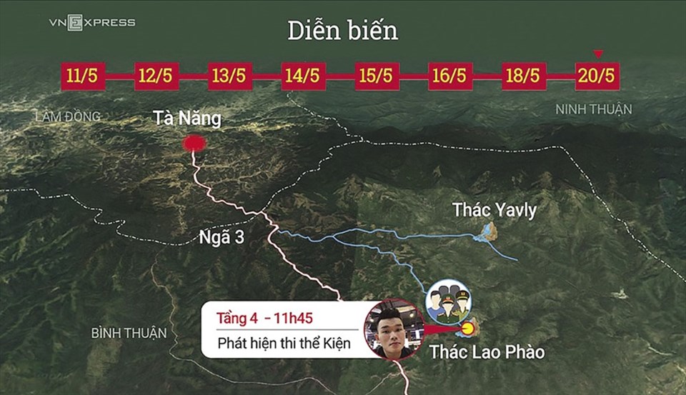 Cung đường trekking Tà Năng - Phan Dũng (chiều xuống) phượt thủ Thi An Kiện bị lạc lối và tử vong (ảnh: Đồ họa của VnExpress). Cung đường trekking Tà Năng - Phan Dũng (chiều xuống) phượt thủ Thi An Kiện bị lạc lối và tử vong (ảnh: Đồ họa của VnExpress).