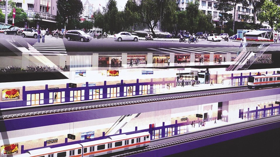 Phối cảnh ga ngầm Nhà hát Thành phố của tuyến metro số 1 (Bến Thành - Suối Tiên). Ảnh: Minh Quân chụp lại Phối cảnh ga ngầm Nhà hát Thành phố của tuyến metro số 1 (Bến Thành - Suối Tiên). Ảnh: Minh Quân chụp lại