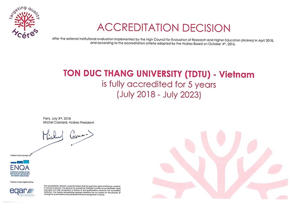 Giấy chứng nhận của HCERES cho Đại học Tôn Đức Thắng Giấy chứng nhận của HCERES cho Đại học Tôn Đức Thắng