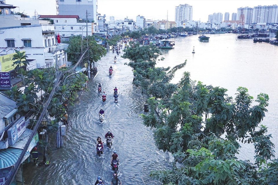 Nước triều lên cao tràn từ Kênh Tẻ qua đường Trần Xuân Soạn (Q.7) làm ảnh hưởng đến giao thông và đời sống người dân. Ảnh: M.Q Nước triều lên cao tràn từ Kênh Tẻ qua đường Trần Xuân Soạn (Q.7) làm ảnh hưởng đến giao thông và đời sống người dân. Ảnh: M.Q