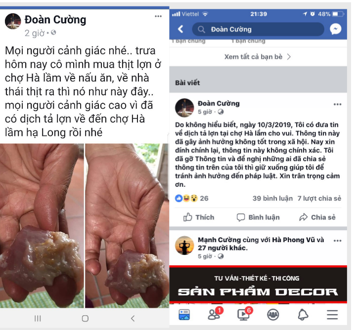 Th&ocirc;ng tin sai sự thật (tr&aacute;i) v&agrave; phần đ&iacute;nh ch&iacute;nh (b&ecirc;n phải) của chủ nh&acirc;n facebook Đo&agrave;n Cường. Ảnh: BQN