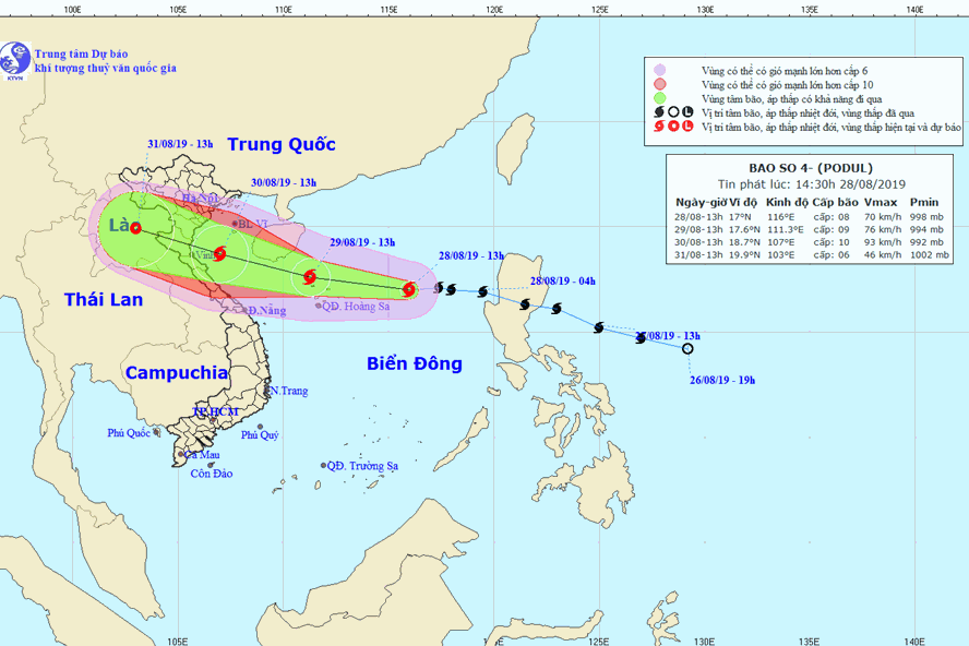 Vị trí và đường đi của bão số 4 Podul. Ảnh: nchmf.gov.vn.
