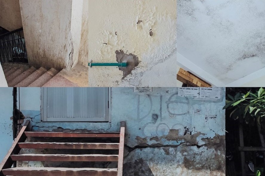 Cận cảnh trần nhà ẩm mốc, tường bong tróc của nhiều căn hộ tại chung cư N06 Dịch Vọng, Cầu Giấy, Hà Nội. Ảnh: H.L